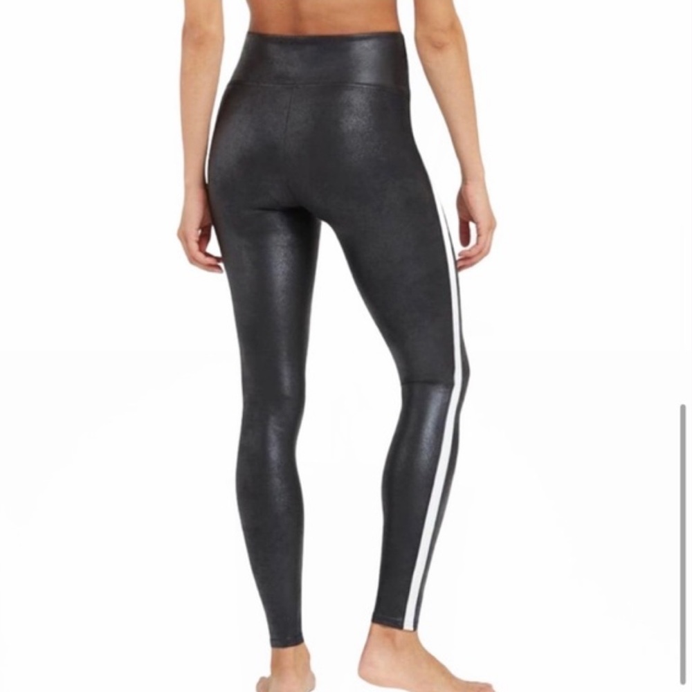 Spanx by Sara Blakely Black Faux Leather Side Stripe Leggings Size L